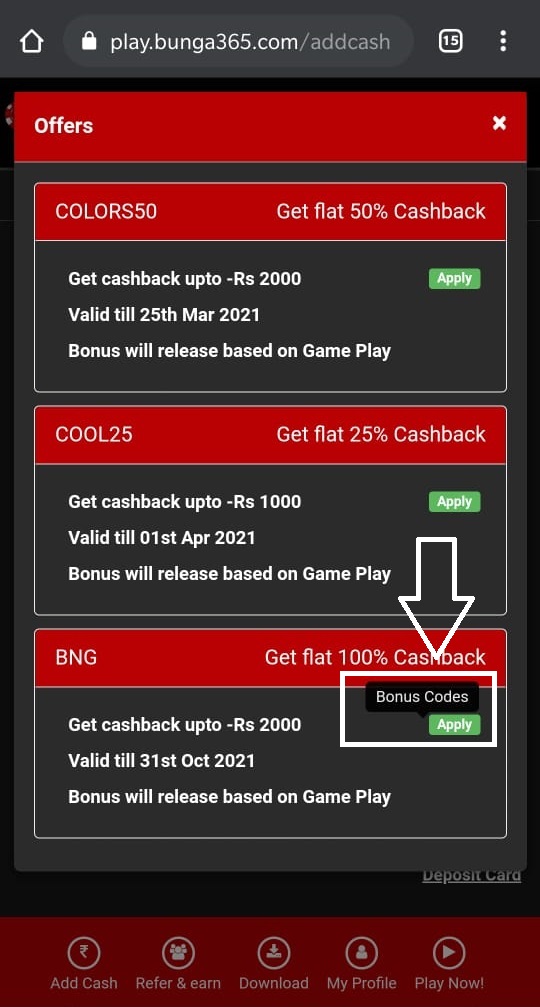 Click on apply bonus code to claim 100% cashback rummy-poker bonus