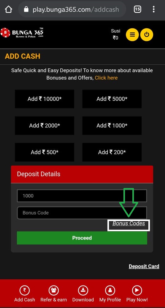 Click on bonus code to apply rummy-poker welcome bonus code- Bunga365
