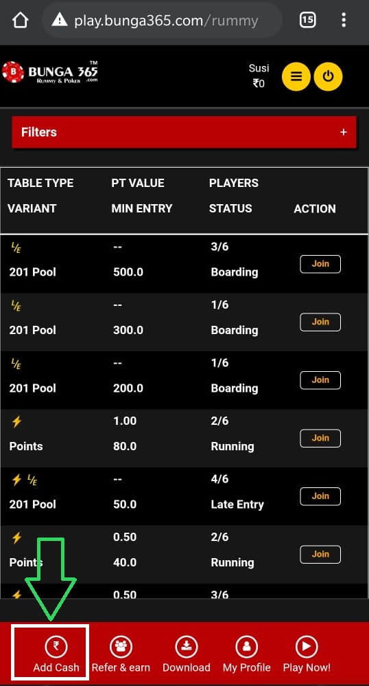 click on Add cash from rummy-poker game lobby - bunga365