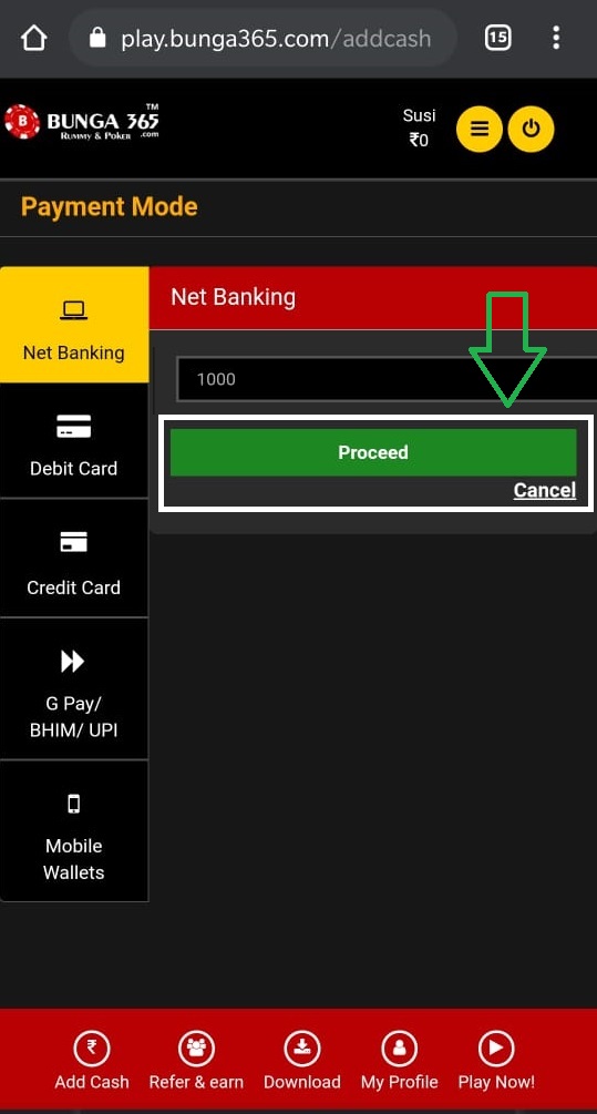 select payment mode & click on proceed to start playing Rummy & Poker Cash Games